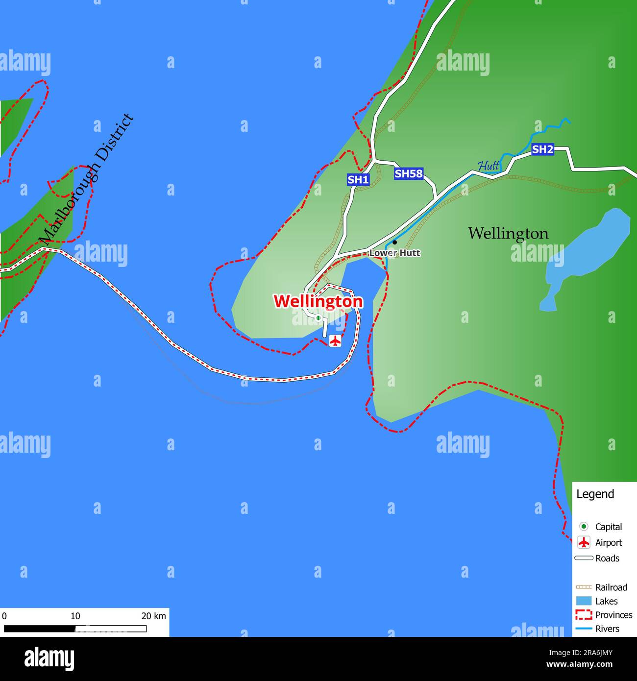 Map of the capital city Wellington with main streets, rivers, lakes 