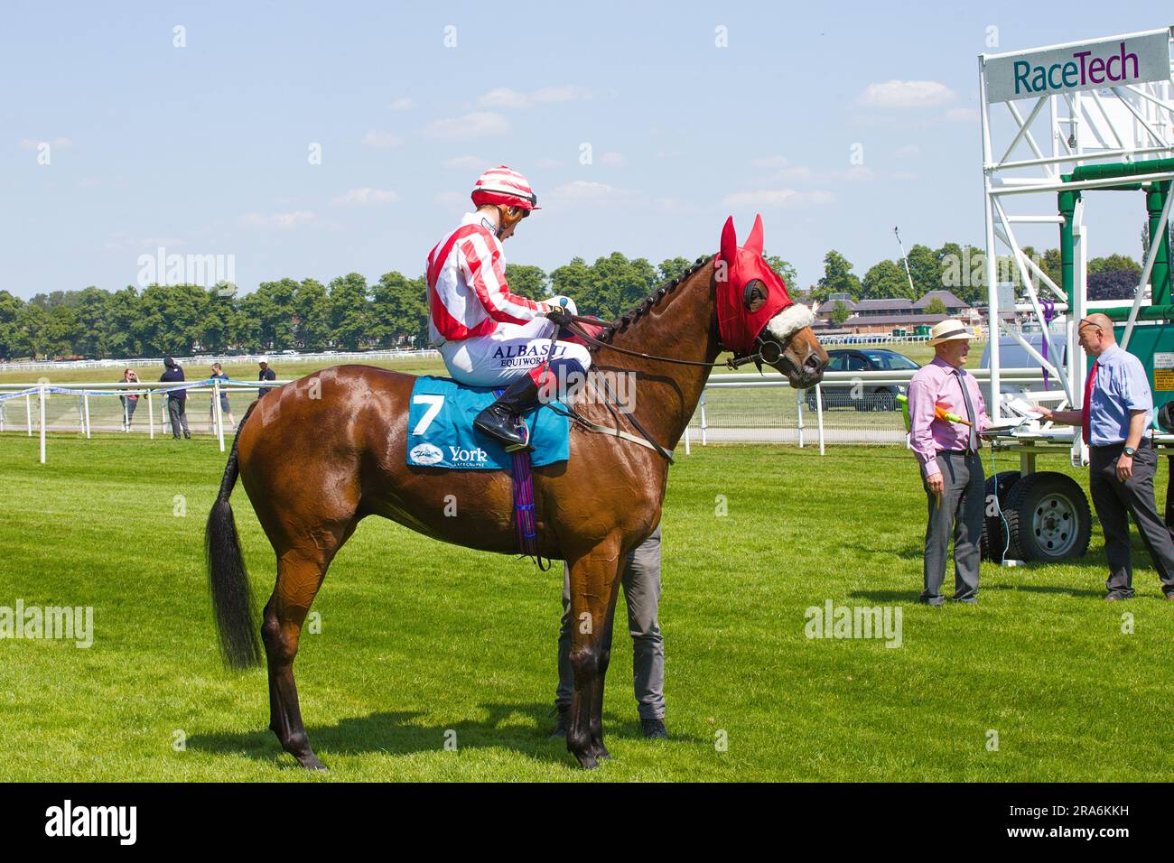 Jockey Connor Planas on Menelaus at York Racecourse. Stock Photo