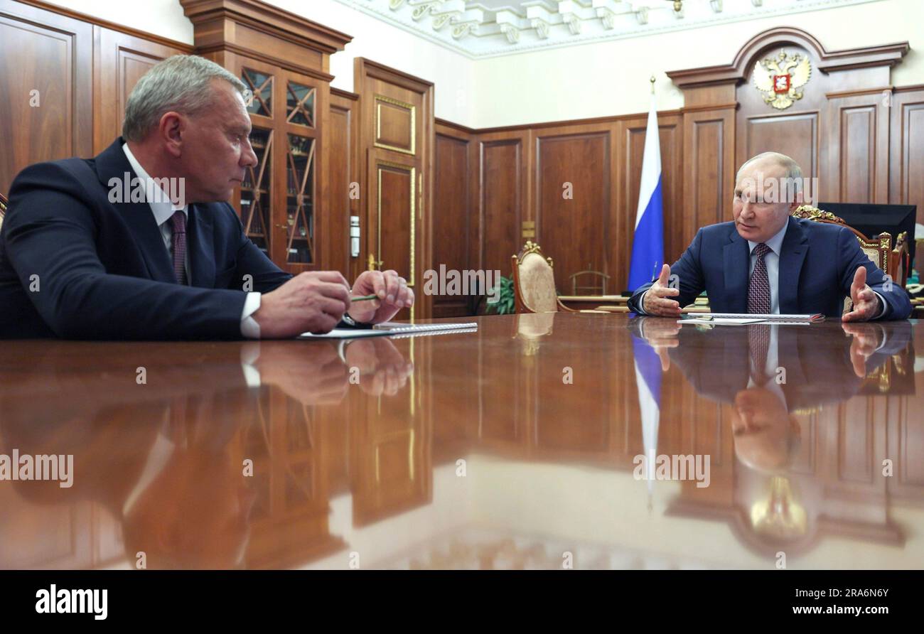 Moscow, Russia. 30th June, 2023. Russian President Vladimir Putin holds face-to-face meeting with Director General of the Roscosmos Space Agency Yury Borisov, left, at the Kremlin, June 30, 2023 in Moscow, Russia. Credit: Gavriil Grigorov/Kremlin Pool/Alamy Live News Stock Photo