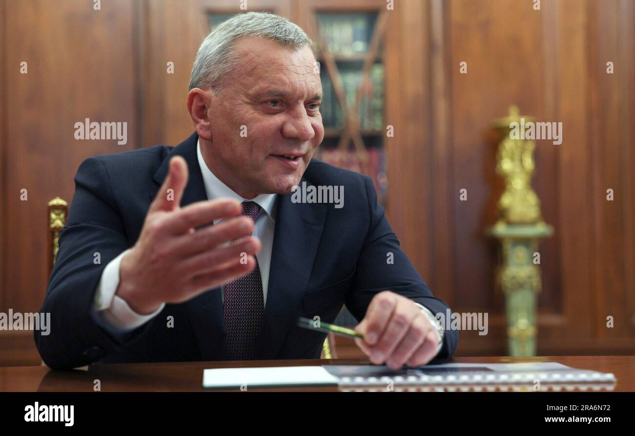 Moscow, Russia. 30th June, 2023. Roscosmos Space Agency Director Yury Borisov comments during a face-to-face meeting hosted by Russian President Vladimir Putin at the Kremlin, June 30, 2023 in Moscow, Russia. Credit: Gavriil Grigorov/Kremlin Pool/Alamy Live News Stock Photo