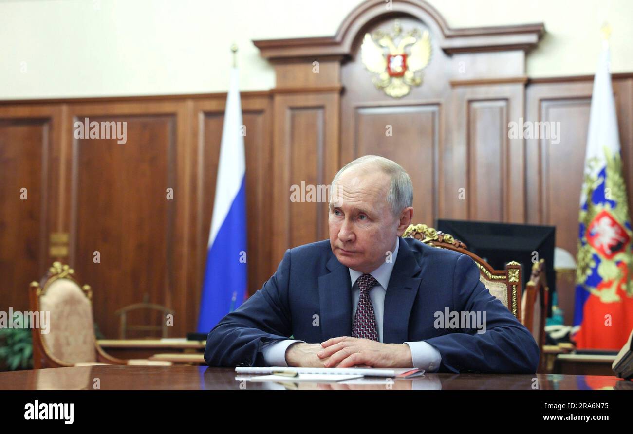 Moscow, Russia. 30th June, 2023. Russian President Vladimir Putin holds face-to-face meeting with Director General of the Roscosmos Space Agency Yury Borisov at the Kremlin, June 30, 2023 in Moscow, Russia. Credit: Gavriil Grigorov/Kremlin Pool/Alamy Live News Stock Photo