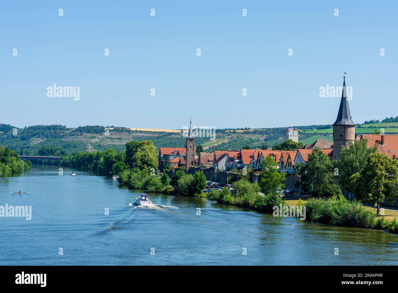 Karlstadt: river Main, Karlstadt Old Town, motorboat in Unterfranken, Lower Franconia, Bayern, Bavaria, Germany Stock Photo