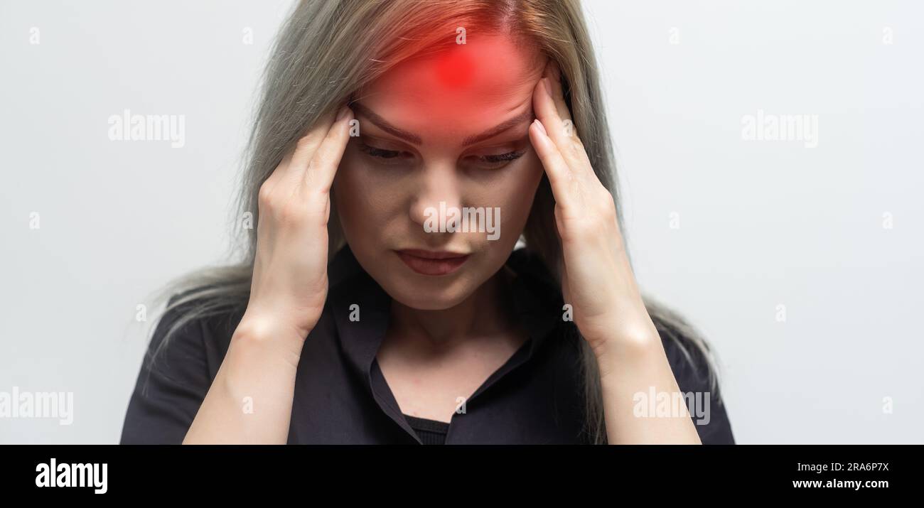 Stressed female having migraine shown with red spots Stock Photo Alamy
