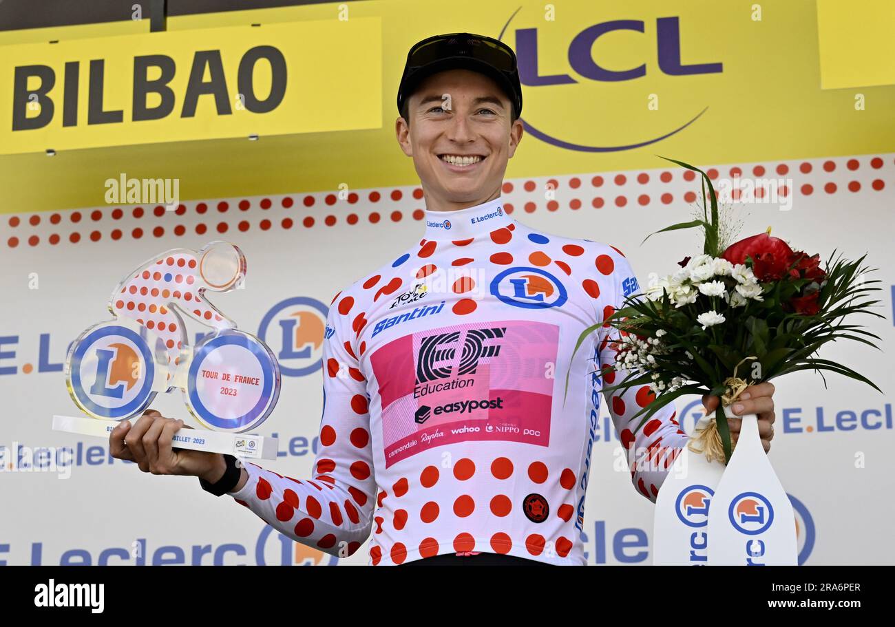 Bilbao, Spain. 01st July, 2023. US Neilson Powless of EF Education-EasyPost wearing the polka dot jersey (maillot a pois rouges - bolletjestrui) of leader in the climbers ranking during the first stage of the Tour de France cycling race, a 182 km race from Bilbao to Bilbao, Spain, Saturday 01 July 2023. This year's Tour de France takes place from 01 to 23 July 2023. BELGA PHOTO DIRK WAEM Credit: Belga News Agency/Alamy Live News Stock Photo