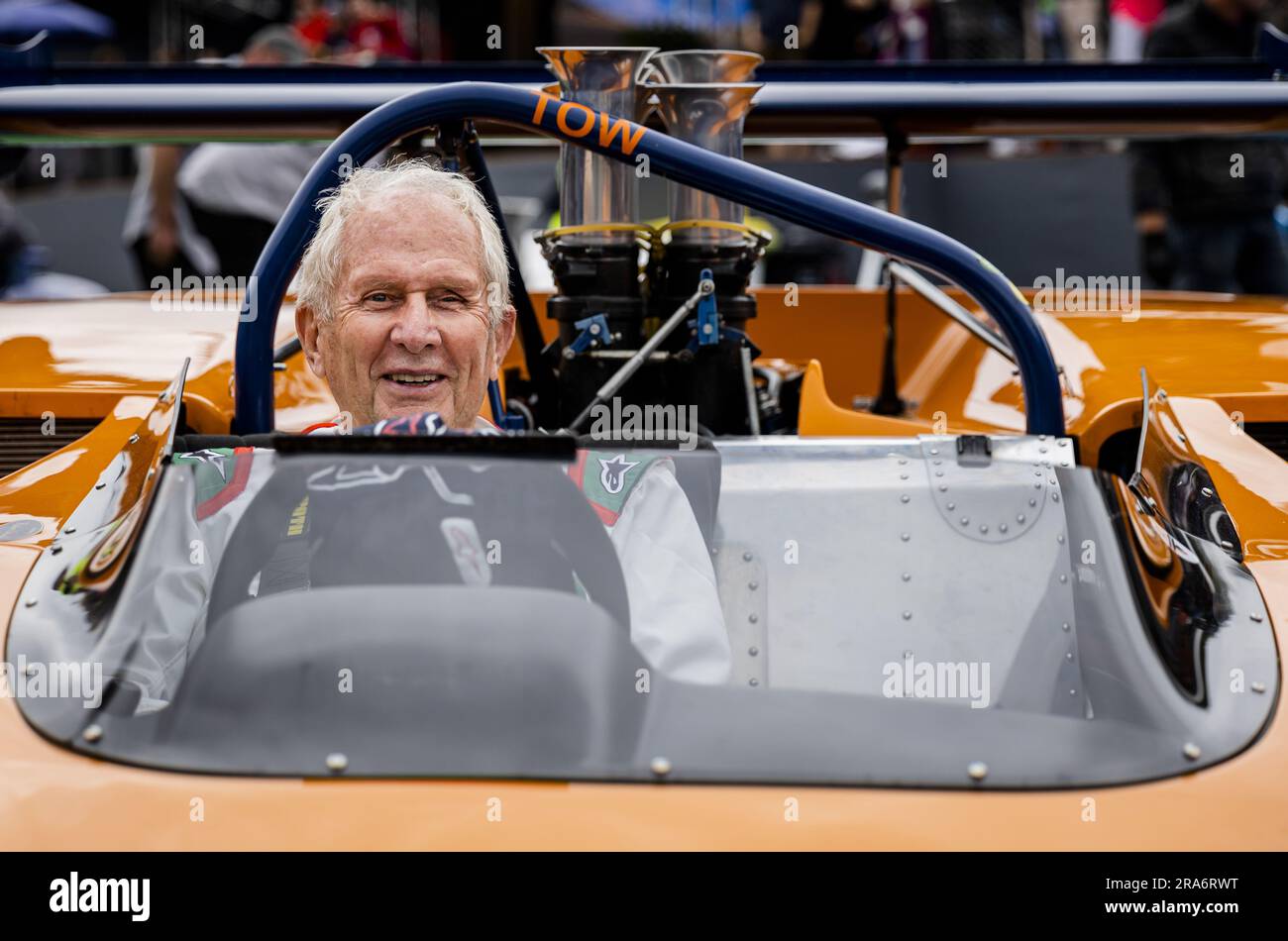 SPIELBERG - Helmut Marko (Red Bull Racing) ahead of a parade of legendary racing cars leading up to the Austrian Grand Prix at the Red Bull Ring on July 01, 2023 in Spielberg, Austria. ANP SEM VAN DER WAL Stock Photo
