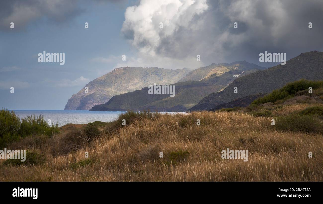 Untouched beauty in Calblanque Regional Park - panoramic landscape with mountains and water., Murcia, Spain Stock Photo