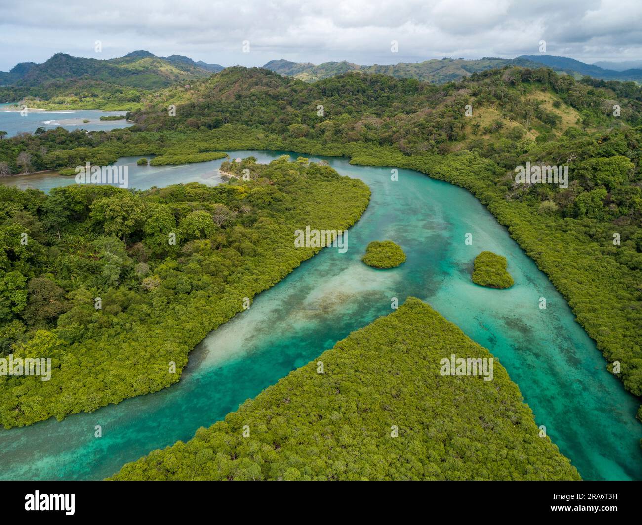 Aerial photograph of mangroves and sandbars along Venas Azules area, Portobelo, Panama - stock photo Stock Photo