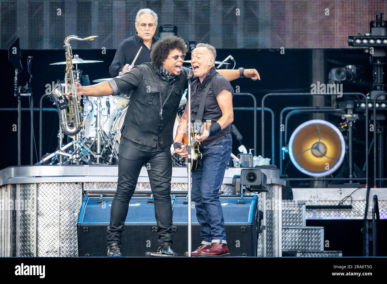 Oslo, Norway. 30th June, 2023. The American singer, songwriter and musician Bruce Springsteen performs a live concert with The E Street Band at Voldslokka in Oslo. Here Springsteen is seen live on stage with saxophonist Jake Clemons (L). (Photo Credit: Gonzales Photo/Alamy Live News Stock Photo