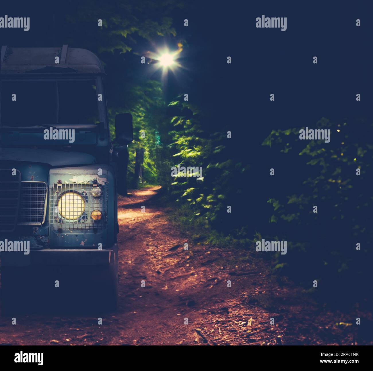 An Off-Road Vehicle Driving A Forest Trail At Night With Copy Space Stock Photo