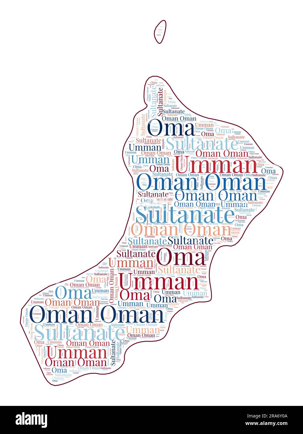 Oman shape filled with country name in many languages. Oman map in