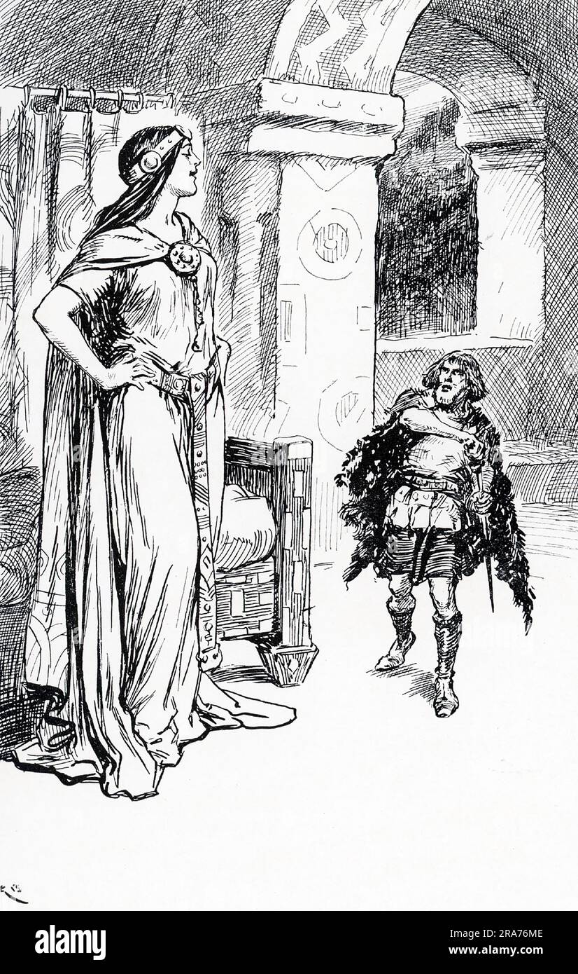 The early 1900s captions reads; The Giant Maiden laughed at Skirnir's threats.' In Norse mythology, Skírnir is the god Freyr's messenger and vassal. Then Skirnir told Gerda (wife of Freyr, the god of fertility and agriculture) of his master, the bright god, Frey, and of his love for her (Gerga and Frey do marry). Gerda answered no. Skirnir’s anger rose against her.But the giant-maiden laughed at his threats till Skirnir swore to bring upon her, by magic art, the anger of the gods. Stock Photo
