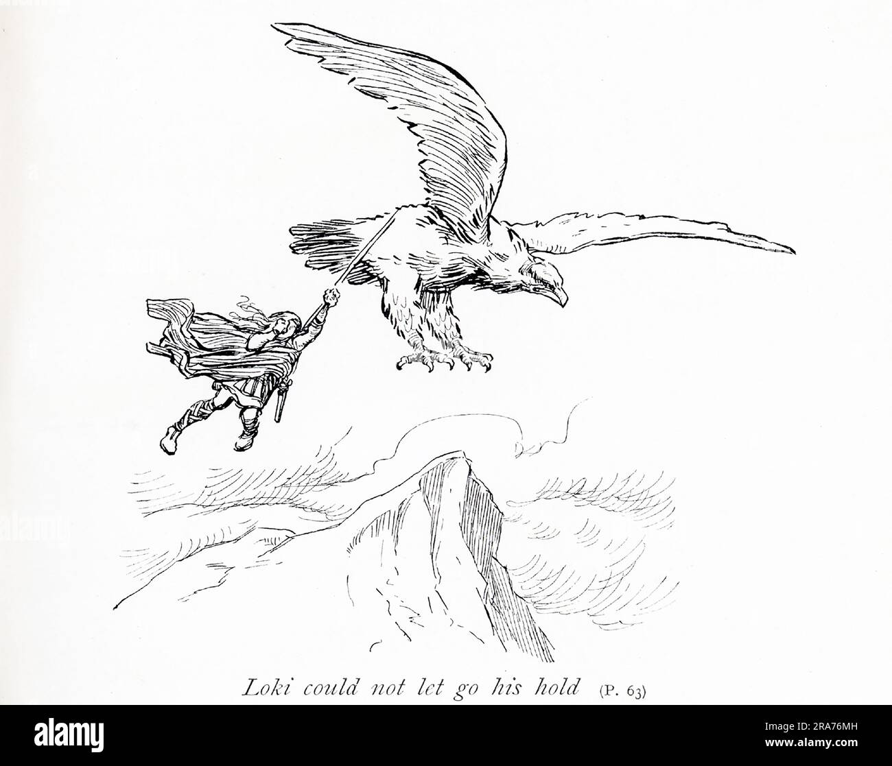 The early 1900s caption reads: Loki could not let go his hold' of the eagle. Loki is the personification/deity of mischief. He murdered Baldr, the god of joy and peace, and was punished by being bound to three slabs of stone with the entrails of his son Narfi. Stock Photo
