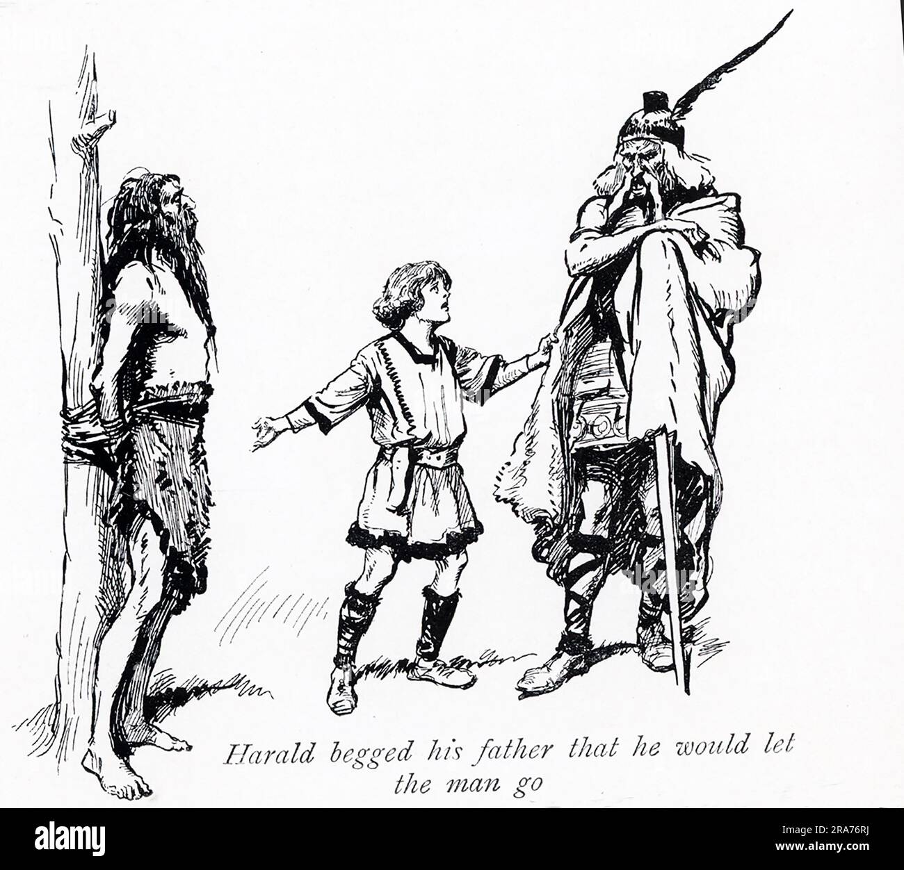 The early 1900s caption reads: Harald Hairfair begged his father that he would let the man go.'  King Halfdan is the father, and Harald is 10 years old. Halfdan the Black (father) was a king of Vestfold. He belonged to the House of Yngling and was the father of Harald Fairhair, the first king of a unified Norway. Of Scandinavian origin, the term “Halfdan” means “half Dane.” The time period is given as 12th century/13th century, There is some doubt as to whether Fairfair is a mythical or historical character Stock Photo