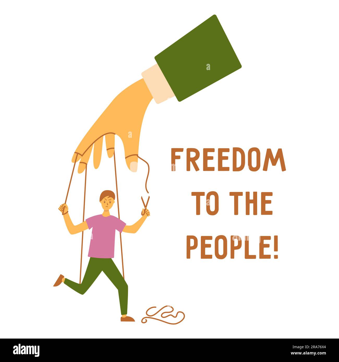 Human puppet is freed, cuts string with scissors. Inscription freedom to people. Dropping off shackles, liberation from slavery. Colorful vector isola Stock Vector