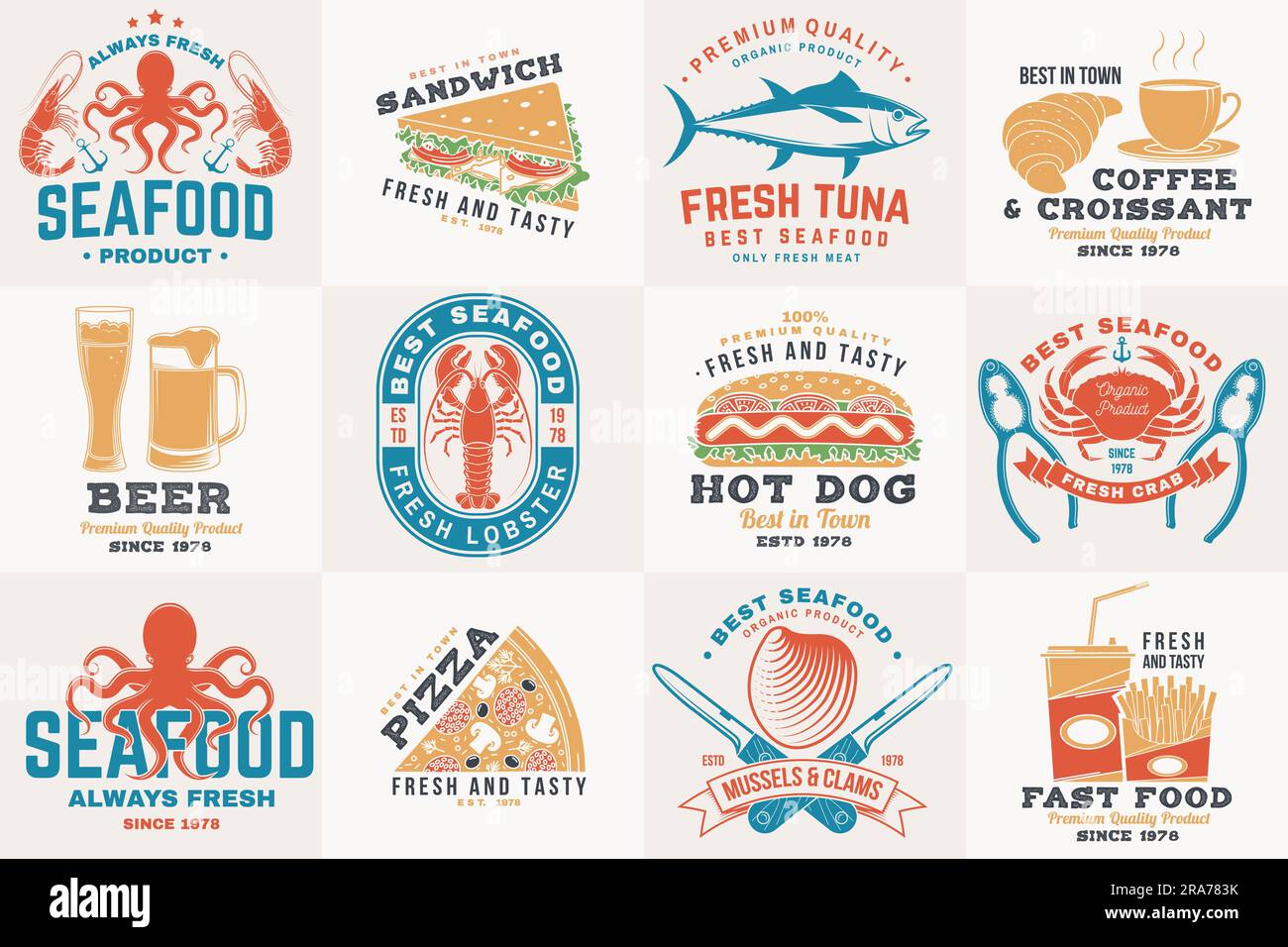 Set of seafood and fast food retro badge. Vector. For seafood emblem