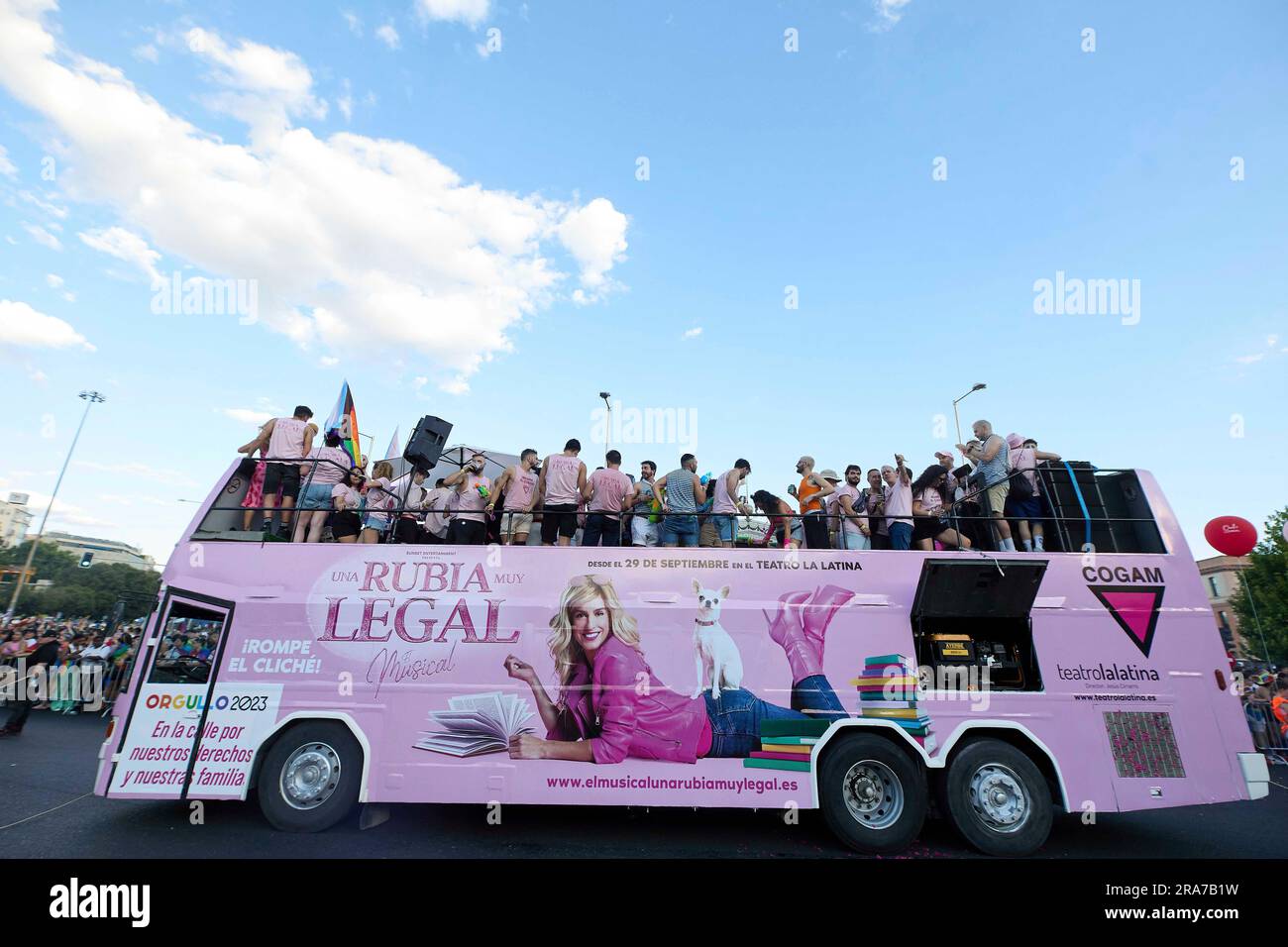 Several people on a float during the LGTBI Pride 2023 demonstration on July  1, 2023, in Madrid (Spain). The march, called by COGAM (Colectivo de  Lesbianas, Gays, Transexuales y Bisexuales de Madrid)