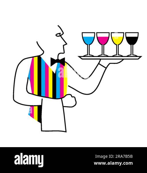 Weiter, printing color menu. Line art stylized man with tray and glasses of cmyk printing ink. Vector available. Stock Vector