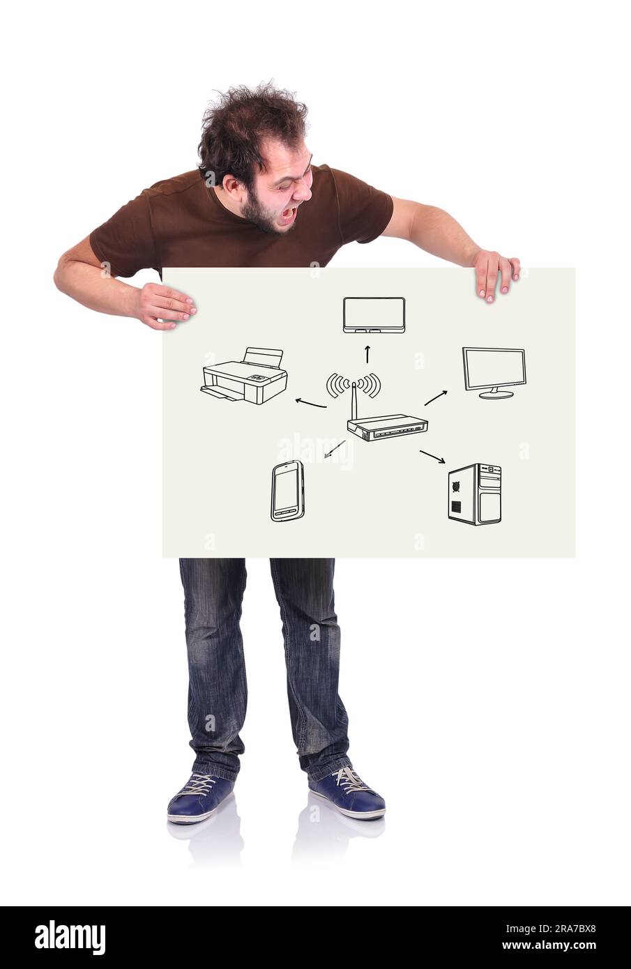 crazy man holding signboard with computer network Stock Photo - Alamy