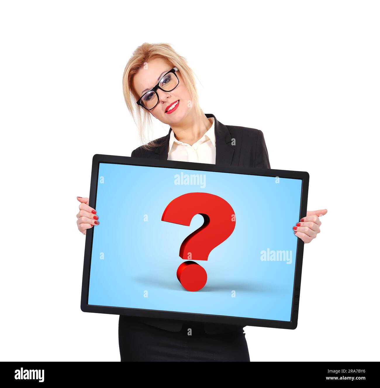 businesswoman holding big touch pad with question mark Stock Photo - Alamy