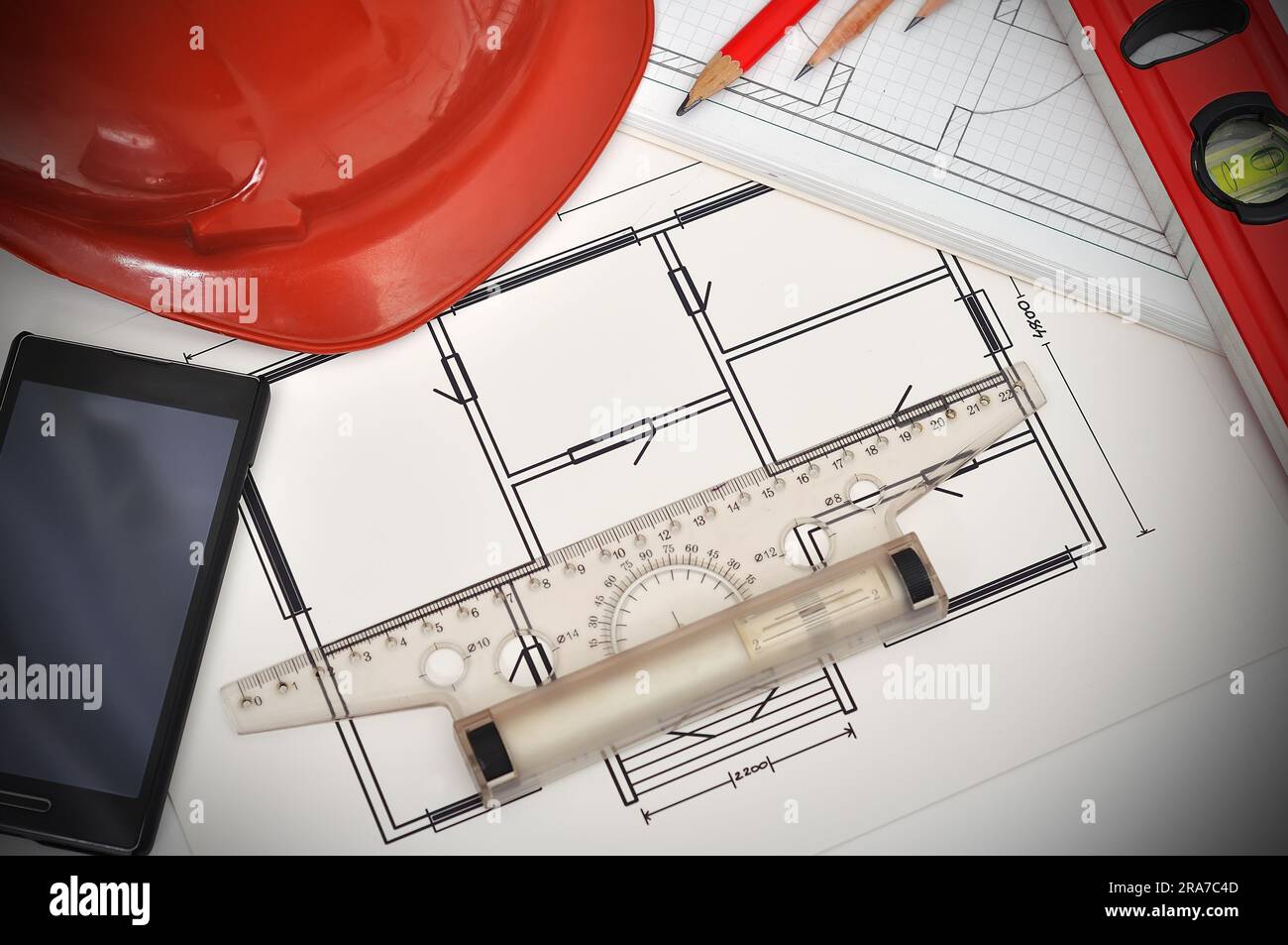 apartment  blueprint and tools on desktop, workspace engineer Stock Photo