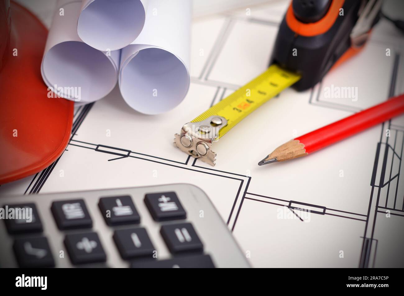 tape line, calculator, pencil and project apartment Stock Photo Alamy