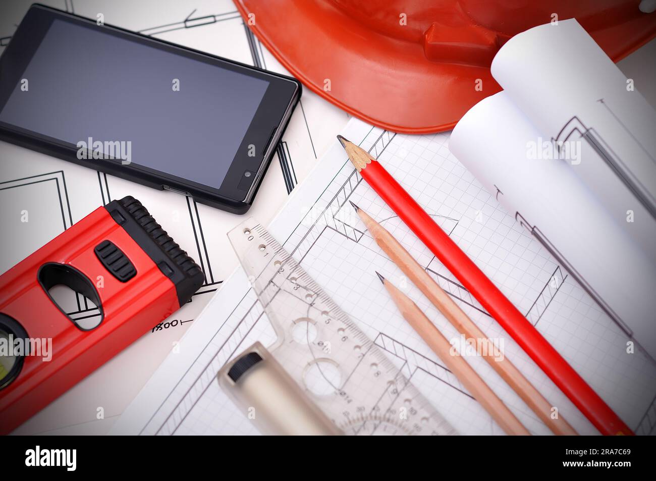 blueprint, phone and tools on the desktop, workspace engineer Stock Photo