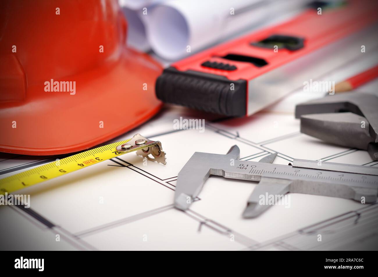 workspace engineer, blueprint apartment  and tools on desktop Stock Photo