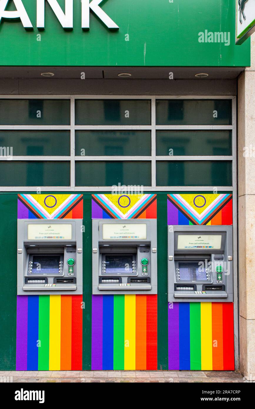 1st July 2023 - Pride Day 2023 in central London, Trafalgar Square. Cashpoints at Lloyds Bank decorated in rainbow colours Stock Photo