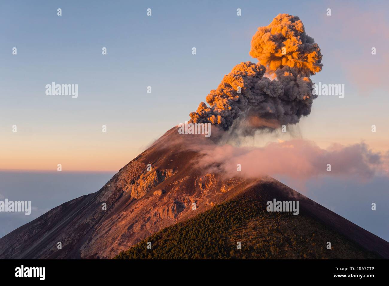 Wide shot of Guatemala's Fuego volcano erupting at sunrise. Stock Photo