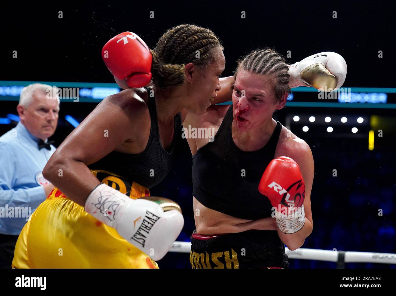 Natasha Jonas (left) and Kandi Wyatt in action during their IBF International welterweight title bout at the AO Arena, Manchester. Picture date: Saturday July 1, 2023. Stock Photo