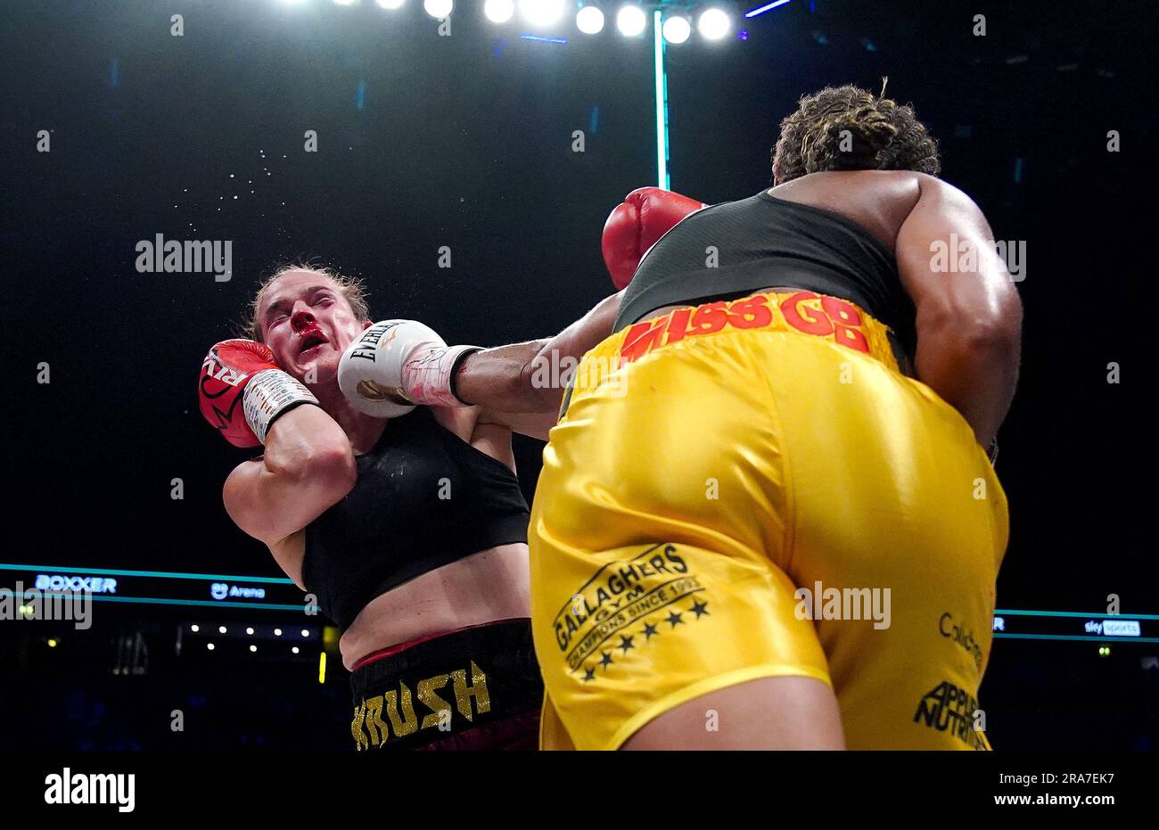Kandi Wyatt (left) and Natasha Jonas in action during their IBF International welterweight title bout at the AO Arena, Manchester. Picture date: Saturday July 1, 2023. Stock Photo