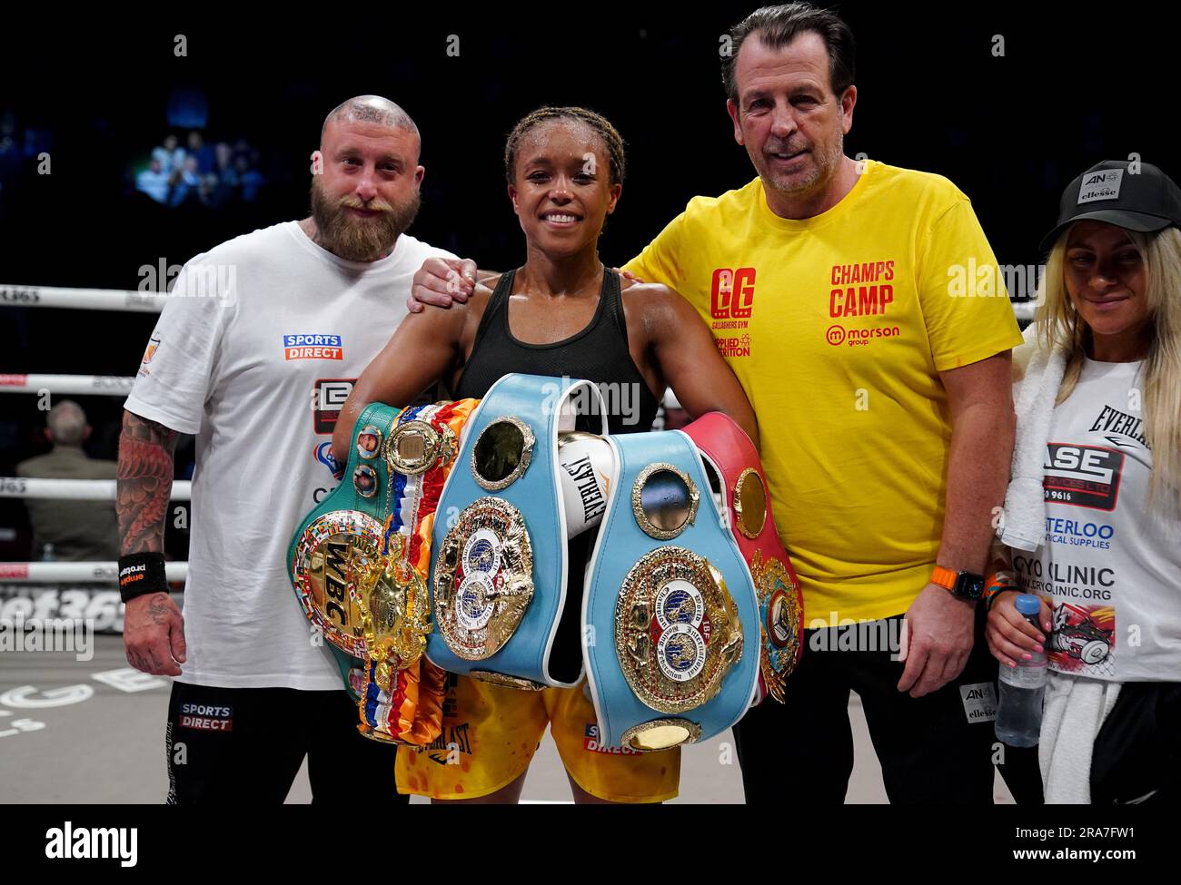 Natasha Jonas celebrates victory against Kandi Wyatt with trainer Joe Gallagher (right) after their IBF International welterweight title bout at the AO Arena, Manchester. Picture date: Saturday July 1, 2023. Stock Photo