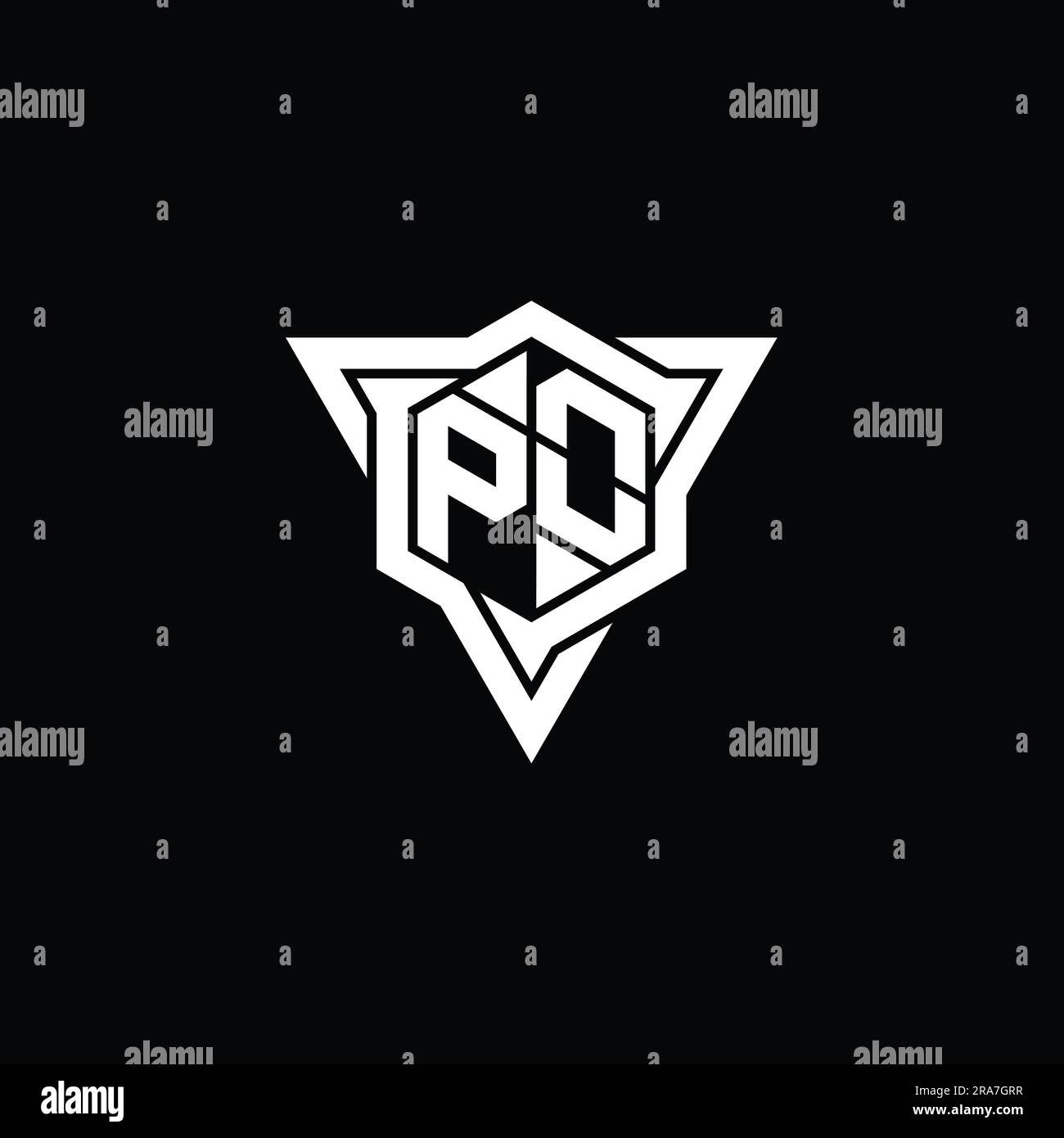 PO Letter Logo monogram hexagon shape with triangle outline sharp slice ...