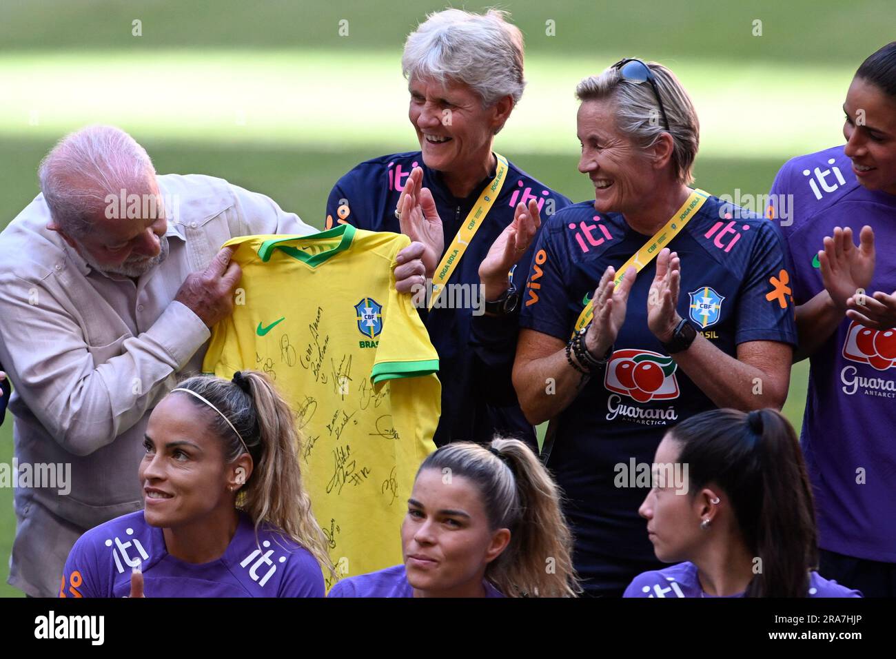 DF - BRASILIA - 07/01/2023 - BRASILIA, LULA PARTICIPATES IN THE WOMEN'S SOCCER TEAM TRAINING - The President of Brazil, Luiz Inacio Lula da Silva, looks at a shirt of the Brazilian national team that he received as a gift during a meeting with the team national women's football team at the Mane Garrincha Stadium in Brasilia on July 1, 2023. Brazil will face Chile on July 2 in a friendly as part of preparations for the 2023 FIFA Women's World Cup Australia/New Zealand, which starts on July 20th. Photo: Mateus Bonomi/AGIF/Sipa USA Stock Photo