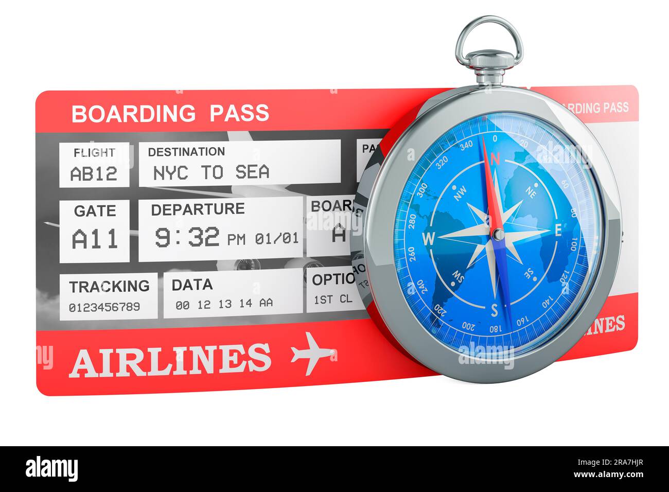 Boarding pass ticket with compass, 3D rendering isolated on white background Stock Photo