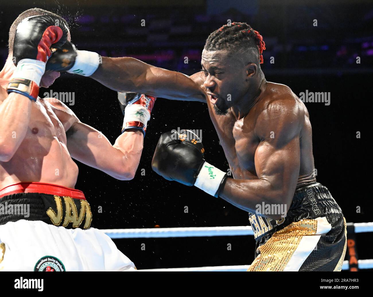 Wuppertal, Germany. 01st July, 2023. Boxing: Italian Etinosa Oliv (l) fights Chilean Julio Alamos for the IBO World Middleweight Championship at Uni Halle. Credit: Roberto Pfeil/dpa/Alamy Live News Stock Photo