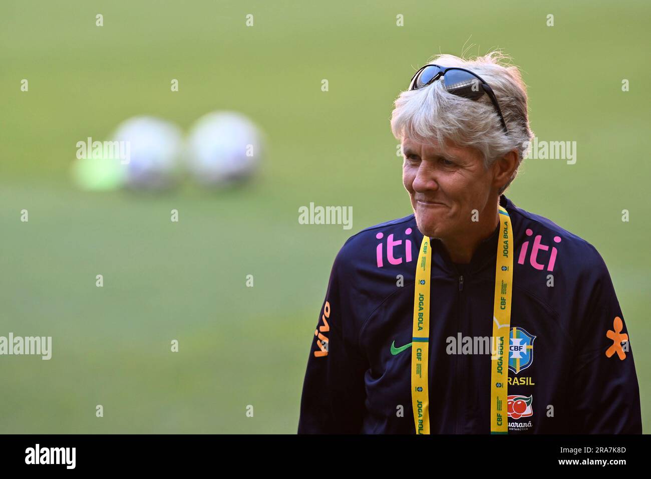 DF - BRASILIA - 07/01/2023 - BRASILIA, LULA PARTICIPATES IN THE WOMEN'S SOCCER TEAM TRAINING - Coach Pia Sundhage walks on the field before the start of a training session for the women's national soccer team, at the Mane Garrincha stadium, in Brasilia, Brazil, Saturday, July 1, 2023. The Brazilian women's national football team is scheduled to play a friendly against Chile on Sunday, ahead of their trip to the FIFA Women's World Cup. Photo: Mateus Bonomi/AGIF/Sipa USA Stock Photo