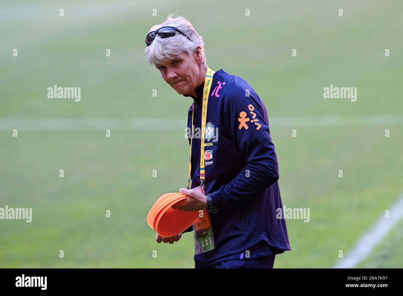 DF - BRASILIA - 01/07/2023 - BRASILIA, LULA PARTICIPATES IN TRAINING OF THE WOMEN'S SOCCER TEAM - Coach Pia Sundhage walks on the field before the start of a training session for the women's national soccer team, at the Mane Garrincha stadium, in Brasilia, Brazil, Saturday, July 1, 2023. The Brazil women's national football team is scheduled to play a friendly against Chile on Sunday, ahead of their trip to the FIFA Women's World Cup. Photo: Mateus Bonomi/AGIF/Sipa USA Stock Photo