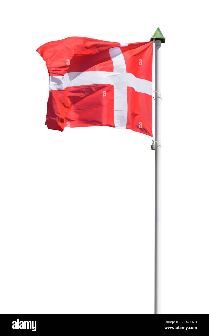 Waving danish flag on a pole isolated on white background with clipping path Stock Photo