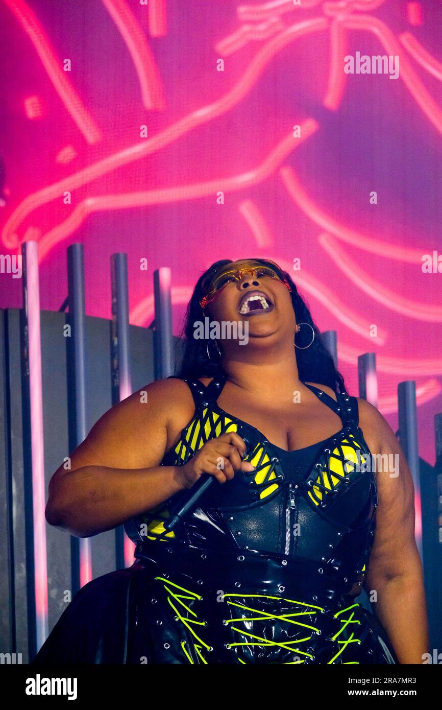 June 30, 2023, Stockholm, Sweden: LIZZO headlined the second day of the  Lollapalooza Stockholm 2023 rock festival. Cold rainy weather thinned the  crowd overall but did not dampen the festive spirit.Other artists