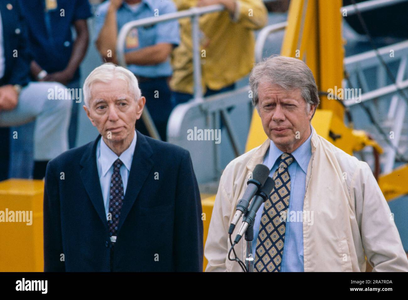 President Jimmy Carter with U.S. Navy Admiral Hyman Rickover - the 'father' of the nuclear Navy at Port Canaveral, Florida. The two men - accompanied by First Lady, Rosalynn Carter - boarded the USS Los Angeles submarine for a sea trial. Photo by Bernard Gotfryd Stock Photo