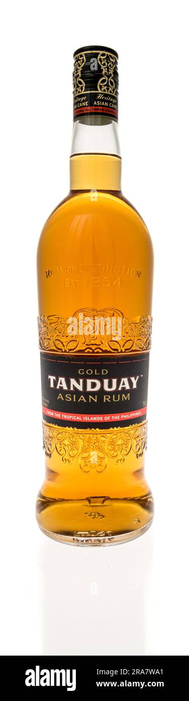 Winneconne, WI - 26 March 2023: A bottle of Tanduay gold Asian rum on an isolated background. Stock Photo