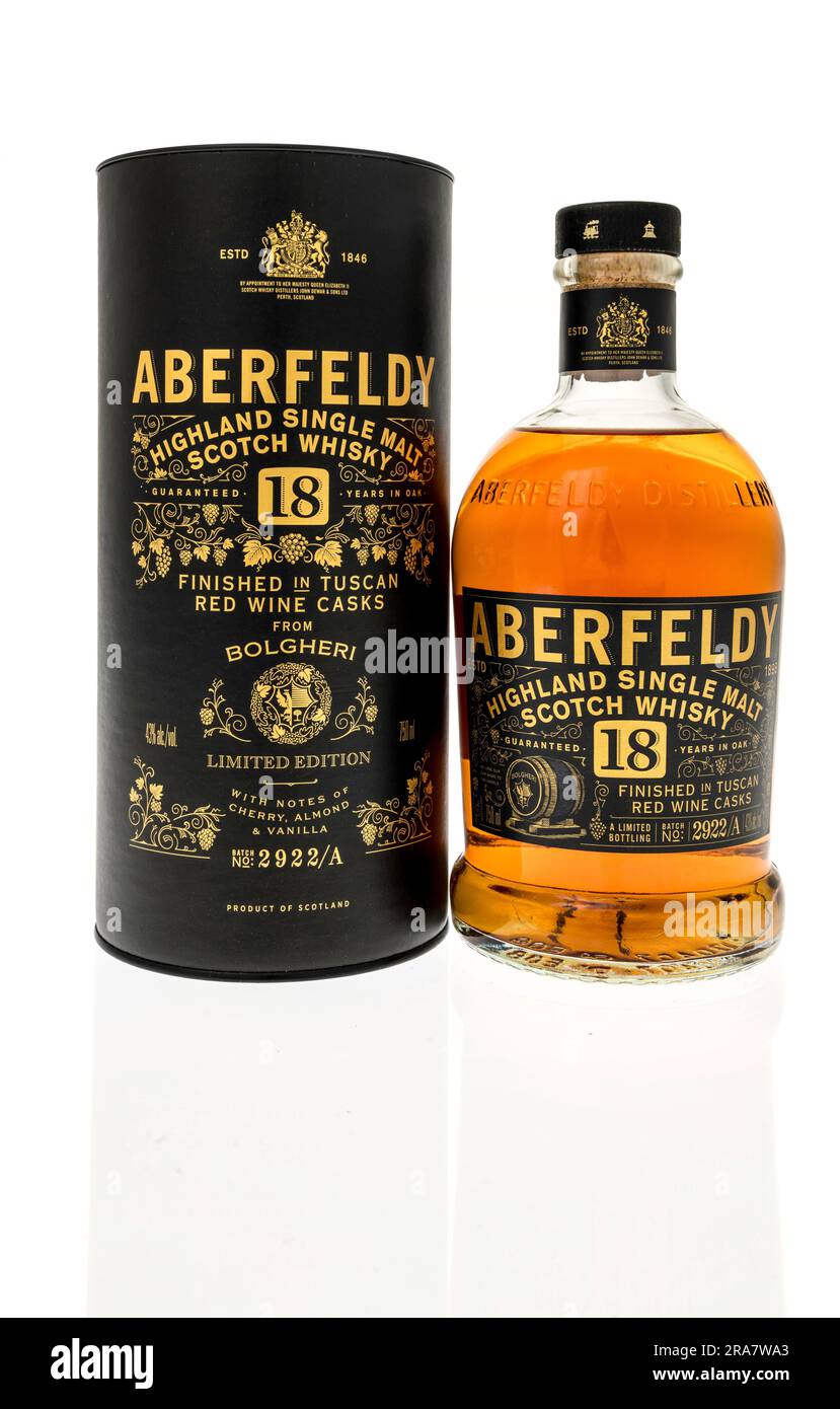 Winneconne, WI - 26 March 2023: A bottle of Aberfeldy highland single malt scotch whisky on an isolated background. Stock Photo