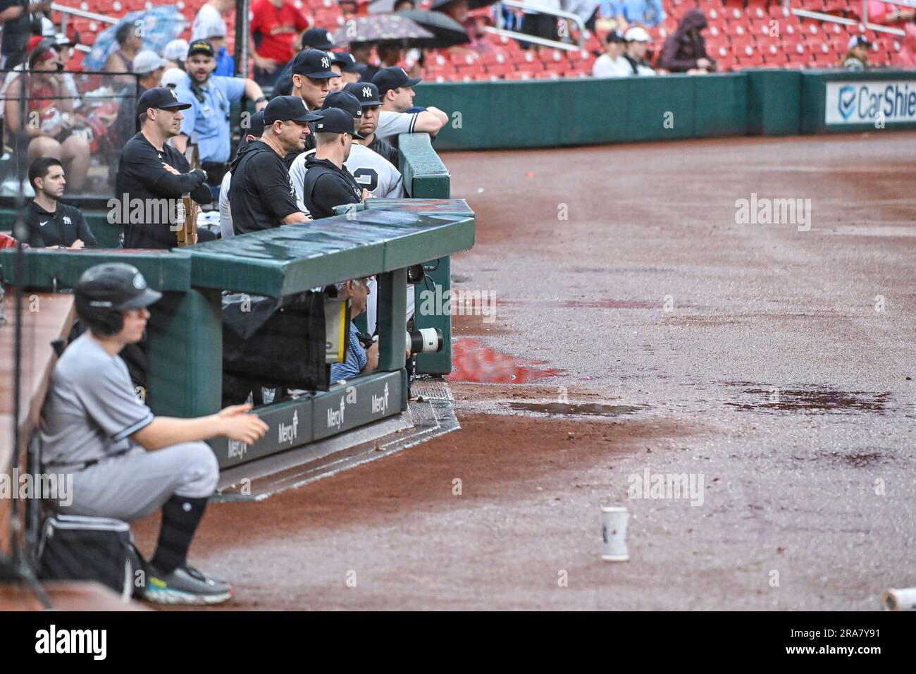 ST. LOUIS, MO JUL 01 Water pools on the warning track in front of