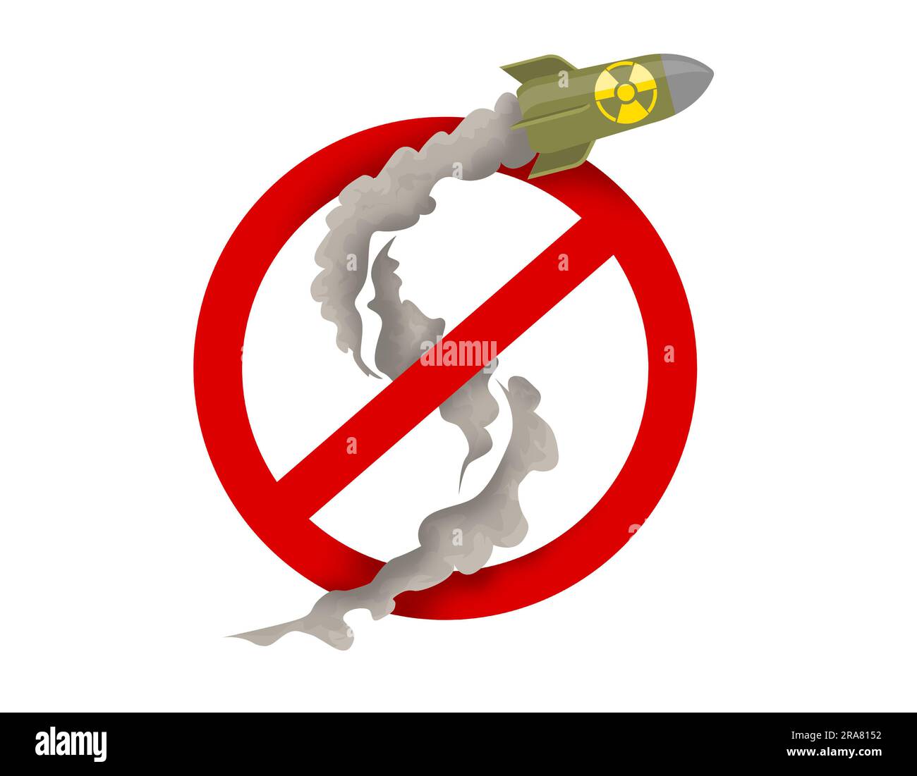 Prevent nuclear war. Prohibition sign over flying atomic weapon on
