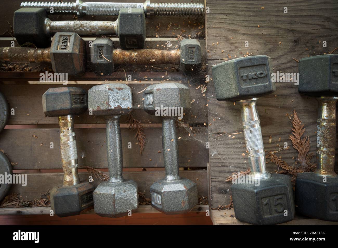 Rusty cobweb covered weight lifting equipment.  Weights and dumb bells and dumbbells abandoned, ignored, and covered in rust. Stock Photo