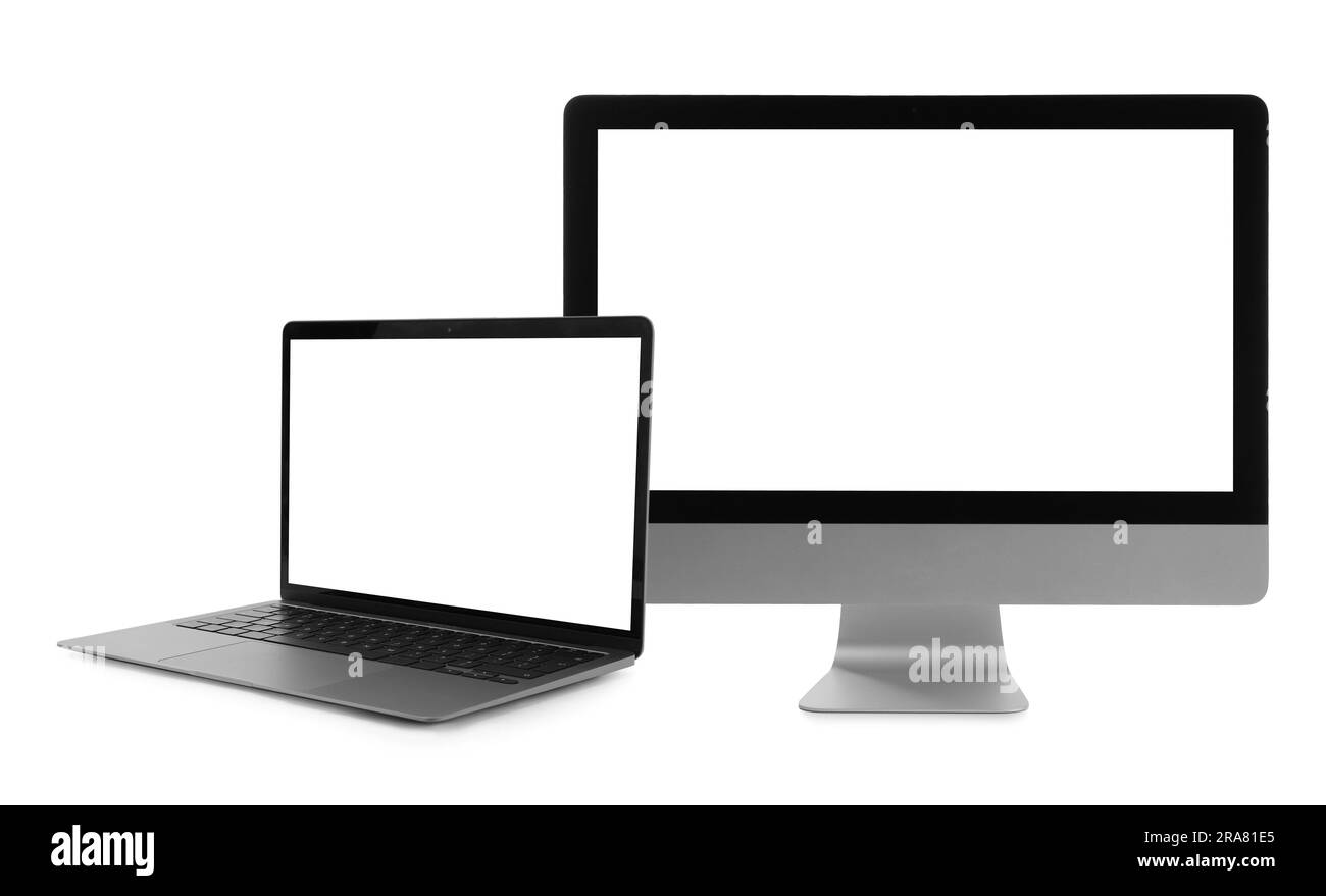 Computer monitor and laptop with blank screens on white background. Mockup for design Stock Photo
