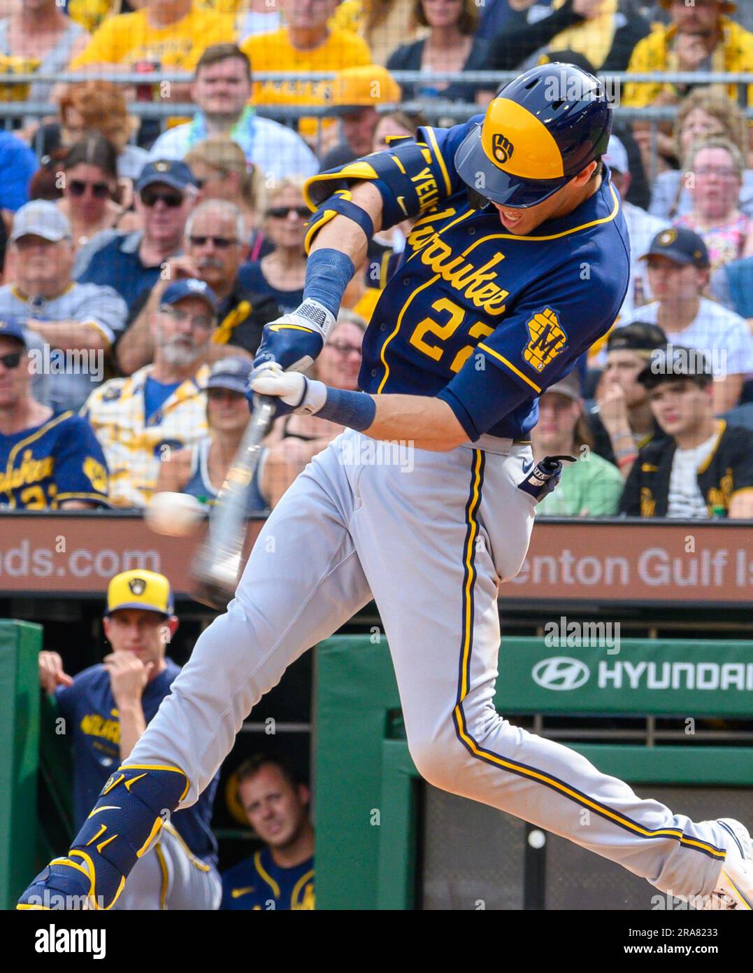 Pittsburgh, United States. 01st July, 2023. Milwaukee Brewers left fielder Christian Yelich (22) connects for a three run 422 feet homer in the second inning against the Pittsburgh Pirates at PNC Park on Saturday, July 1, 2023 in Pittsburgh. Photo by Archie Carpenter/UPI Credit: UPI/Alamy Live News Stock Photo