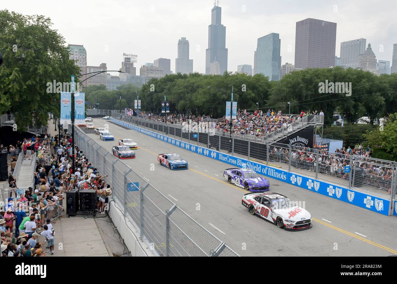 Chicago, United States. 01st July, 2023. With the Chicago skyline as a backdrop drivers roll past spectators during The Loop 121 NASCAR Xfinity Series race in Chicago on Saturday, July 1, 2023. Photo by Mark Black/UPI Credit: UPI/Alamy Live News Stock Photo