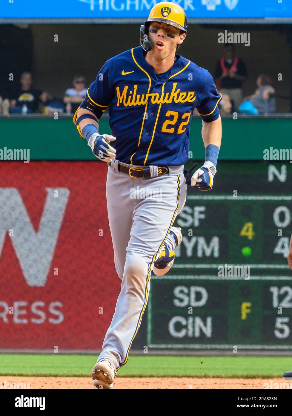 Pittsburgh, United States. 01st July, 2023. Milwaukee Brewers left fielder Christian Yelich (22) rounds the bases following his three run, 422 feet homer in the second inning against the Pittsburgh Pirates at PNC Park on Saturday, July 1, 2023 in Pittsburgh. Photo by Archie Carpenter/UPI Credit: UPI/Alamy Live News Stock Photo